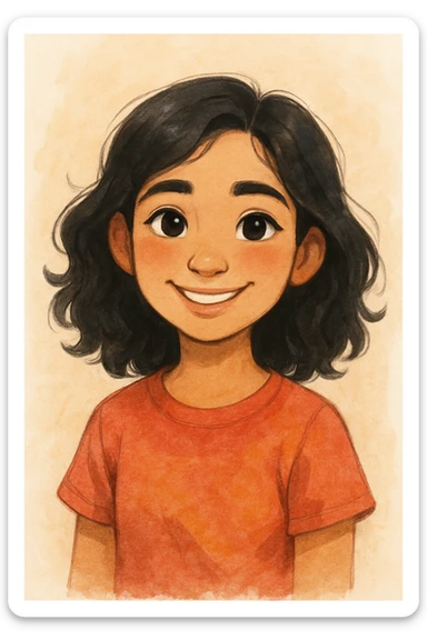 a girl with olive skin, black wavy shoulder-length hair, and dark brown eyes, in a friendly and appealing style sticker