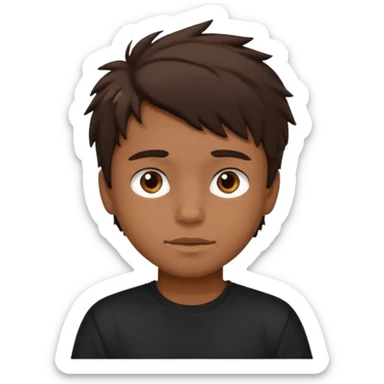 a tan boy with messy dark brown hair. Wearing a black tshirt sticker