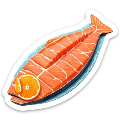create a  half cut Slice of Salmon

Camera angle: slightly elevated top-down view with a gentle bird’s-eye perspective (about 15–20°), identical perspective and scaled do not add anything  on plate only the slice of salmon  sticker