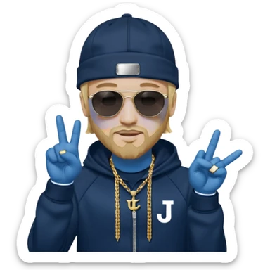 The French rapper Jul. Light skin, trimmed beard, dark navy tracksuit with hood, backwards cap, black sunglasses. Blond hair. both index and middle fingers pointing downward, forming a "J and L" shape. Gold chain and a smirk. Look evoke a Marseille urban vibe. sticker