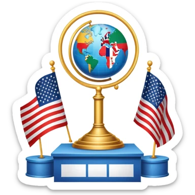 An icon featuring a podium with a speaker, national flags, and voting ballots, symbolizing political science. The design includes a globe and scales of justice in the background, representing governance, global affairs, and political theory. Transparent background emphasizes civic engagement sticker