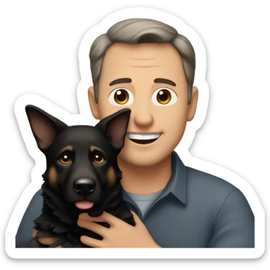 50 year old man with little brown hair and brown eyes hugging a black German Shepherd dog sticker