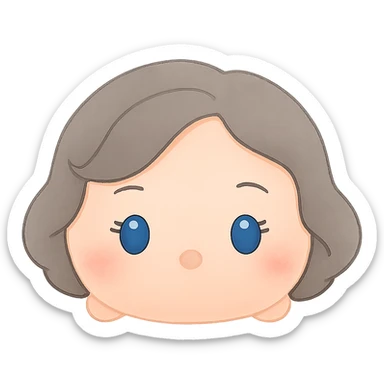 Remove the white border, keep plush tsum tsum style with blue eyes, grey 1940s bob hair, no body, no mouth, and no background. Preserve the plush tsum tsum look and isolate the subject with transparent background. sticker