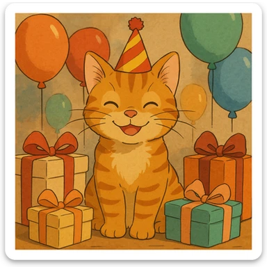 ginger tabby kitten wearing a birthday hat, surrounded by balloons and gifts, smiling, ghibli style birthday scene sticker