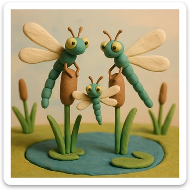 claymation style dragonfly family resting on reeds by a pond, parents and baby dragonflies, pastel background sticker