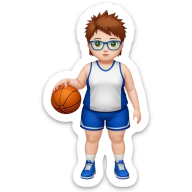 Full Body white chubby Girl with basketball spikey short brown hair  wearing blue glasses with green eyes wearing basketball uniform sticker
