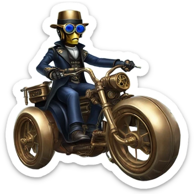 Bounty hunter C-3PO wearing a pair of navy-blue rimmed steampunk goggles, hat, leather chaps, fringe jacket riding a fast sporty 3 wheeler trike steampunk motorcycle in desert town  sticker