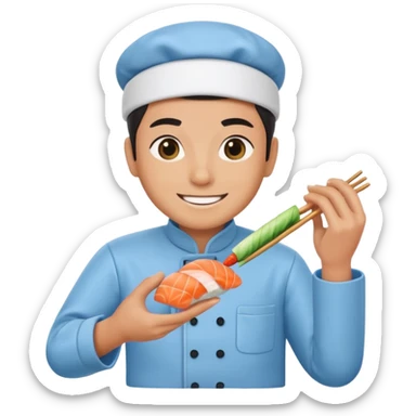 Sushi master making sushi, In a light blue (#a8d6f3) clothes sticker