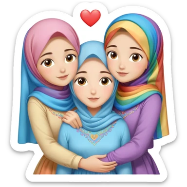 Four sister hugs Turkish girls beautiful finish Konya brown and blue eyes with rainbow pastel hijab and heart dress and hugs  sticker