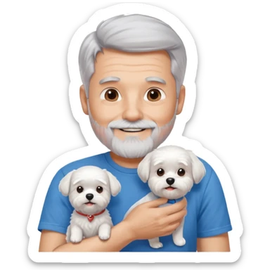handsome gentleman, 60 years old, silver hair short, full beard, wearing a blue t-shirt, smiling and holding a maltese dog sticker