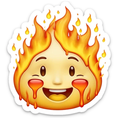 A high-resolution, surreal emoji face with a transparent background. The emoji is simultaneously grinning, crying, and melting while on fire.  sticker