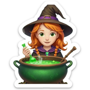 cute ginger witch stirring a bubbling cauldron, freckles, mischievous smile sticker