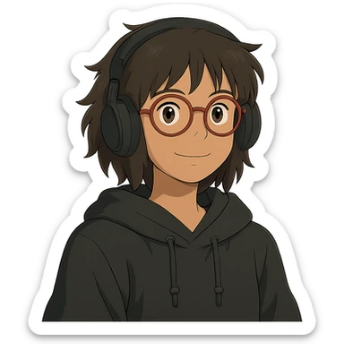 ghibli style tan brunette girl with a short wolf haircut, round ruby glasses, black headphones, and a black hoodie sticker