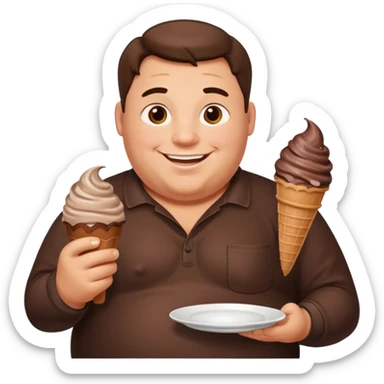 A fat man with a plate of chocolate ice cream sticker