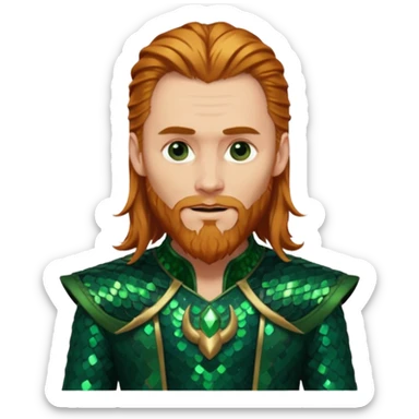 Loki, God of Mischief with long reddish blonde hair and beard, dark green sequin outfit sticker