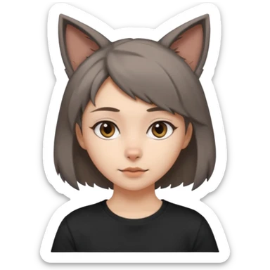 a girl with short brown wolf cut , grey cat ears and a tail, with a black t-shirt on sticker
