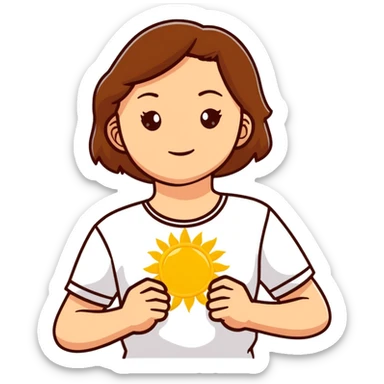 A young Ukrainian girl with brown hair wearing a white embroidered shirt holds the sun in her hands sticker