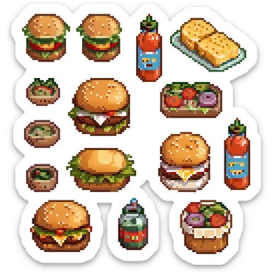 burger emoji with halved bun, salad, pickle, onion, tomato cutlet, sauce, cheese, halved bun sticker