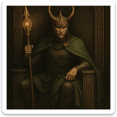 Loki sitting on a throne, wearing a horned crown, green cape, scepter in hand, Norse mythology style sticker