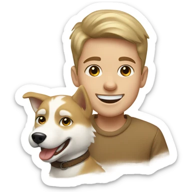 smiling européen boy with golden beige Husky  outdoors sticker