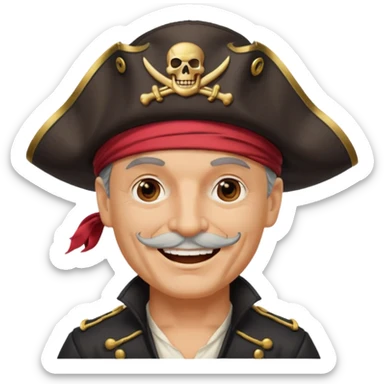 white middle aged pirate captain with pirate hat and one eye patch, smiling sticker