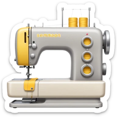 Emoji of a modern sewing machine inspired by a Brother machine. Soft, rounded shapes in the style of Apple emojis, with subtle gradients and soft shadows. White body with light gray details, a yellow spool on top sticker