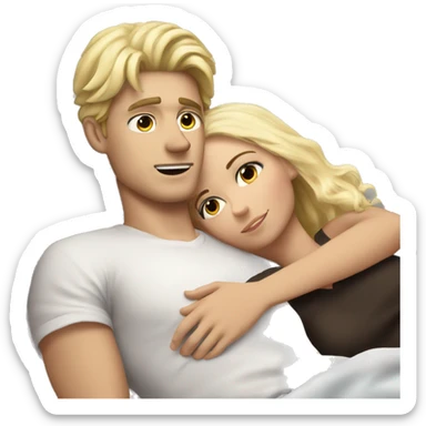 White blond boyfriend Laying in Bad kuddling with brunette grilfriend sticker