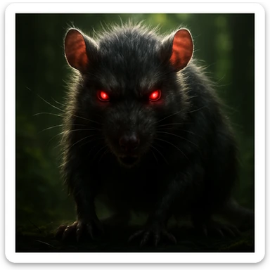 Create a terrifying rat in a hyper-realistic, soft, detailed, and glowing art style with dramatic lighting and a forest background, matching the style of the reference image. sticker