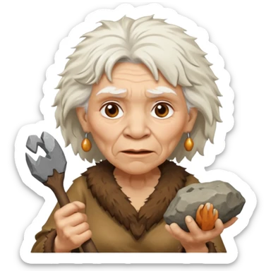 cartoon old woman Neanderthal with messy white hair and stone tool sticker