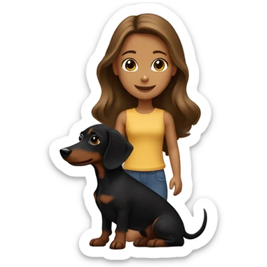 brown-haired girl and black dachshund with tan sticker