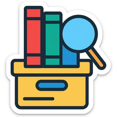 magnifying glass over an archive box of books, representing archive search, colorful outlined icon style sticker