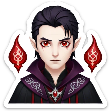 Cinematic Realistic WoW Vampire Mage Portrait, depicted with dark and mysterious elegance, wearing a flowing black robe intricately adorned with arcane silver filigree and esoteric runes. His pallid, almost ethereal skin contrasts with deep crimson, mesmerizing eyes, while his dark, slick hair falls in sleek strands. Rendered with lifelike texture and moody, dramatic lighting, high shine, noble and formidable, capturing the essence of a legendary vampire mage of Azeroth. sticker