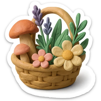 basket full of forest goodies including mushrooms, herbs, flowers in soft pastel colors, claymation style with matte plasticine texture and visible fingerprints sticker