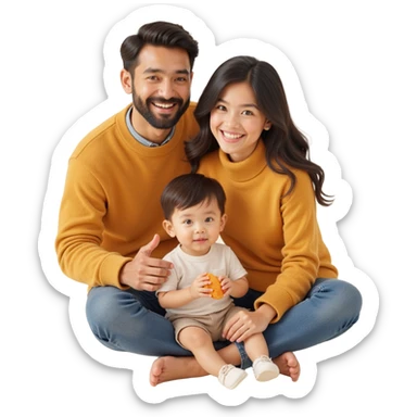 closeup shot of a smiling family (parents and two children) with realistic textures and soft lighting in skeuomorphism style sticker