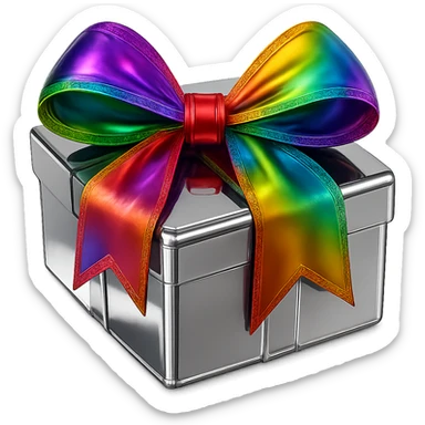 Make the bow on the reflective chrome present colorful while keeping the box highly polished, no background. sticker