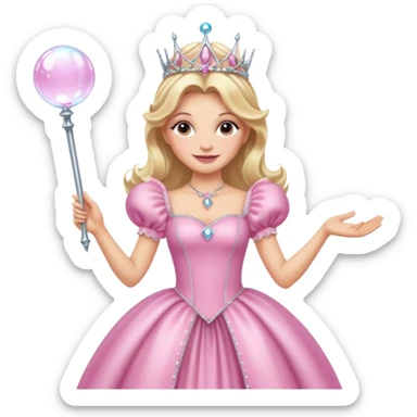 glinda the good witch from wicked movie, blonde hair, beautiful, big silver thin tiara, bubble wand, pink gown sticker