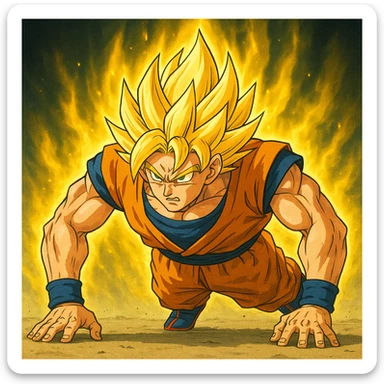 Edit the image of Goku from Dragon Ball Z doing push ups to depict him as Super Saiyan with glowing golden hair and a radiant golden aura, maintaining the same style as the original image. sticker