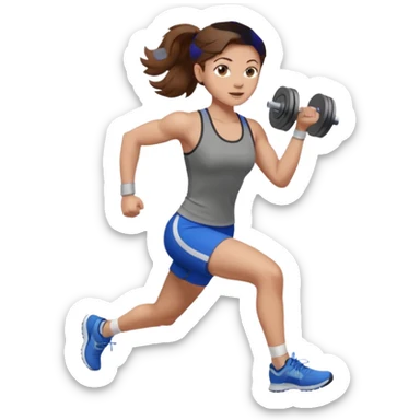 one women running and lifting weights. brown hair, light skin, hazel eyes. sticker