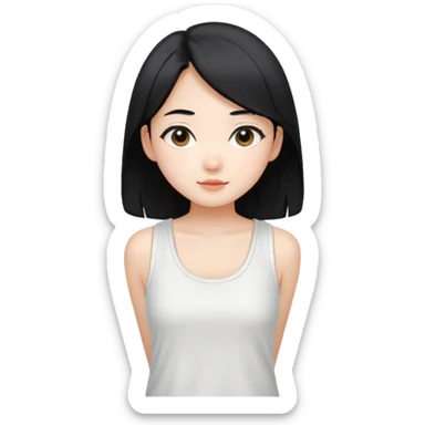 Cute preppy , straight hair,a basic white tank top,korean sticker