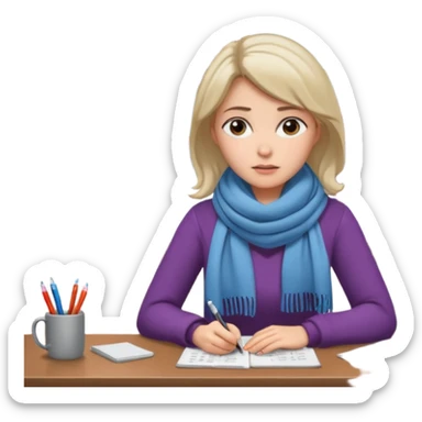 Person sitting at desk, looking tired, winter outside, woman  sticker