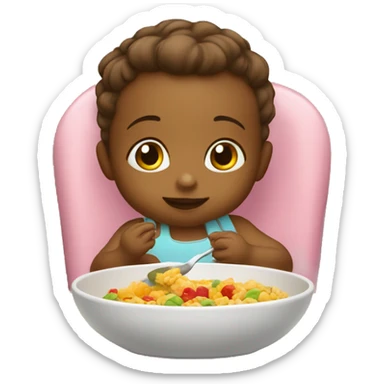 A baby in the kids chair eating helsi food  by the table  sticker