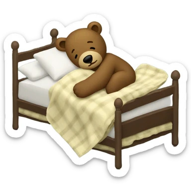 Bear going to sleep. holding blanket in right arm, and a pillow in the left arm. On the pillow is a emoji of a fern/herb.  sticker
