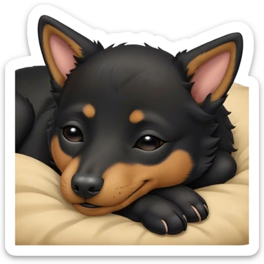 Meme-Worthy Cute Sleeping Black and Tan Kelpie Portrait Emoji, Head resting peacefully with a contented smile, showcasing a delightfully agile build and a luxuriously soft black and tan Fur, eyes shut in a serene nap, Simplified yet hilariously adorable features, highly detailed, glowing with a soft, drowsy light, high shine, relaxed and utterly lovable, stylized with an air of playful laziness, bright and heartwarming, soft glowing outline, capturing the essence of a comically sleepy herder, so meme-worthy it feels like it could instantly become the next viral sensation of adorable slumber! sticker