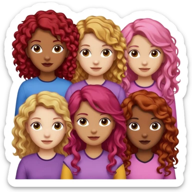 5 girlsone curly redhead, one with brunette dyed blonde hair, one long haired wavy brunette, one mid-length haired brunette, and one black haired girl with partially dyed bright red/pink hair sticker