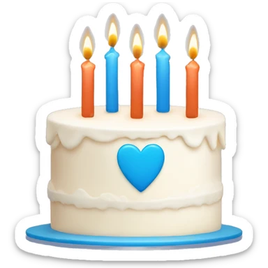 “A white cake with candles, decorated with blue heart-shaped designs, minimalistic and in a flat, emoji-like style sticker