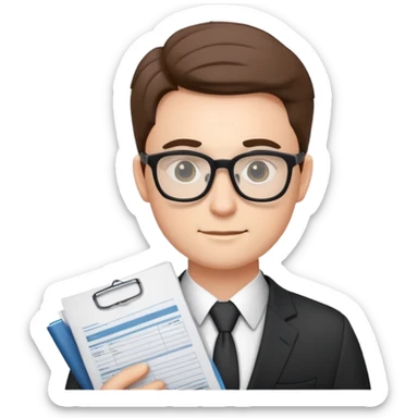 accountant wearing glasses and suit, with paperwork sticker