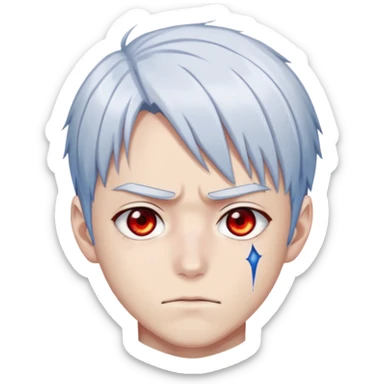 Shoto Todoroki face only, half red half white hair, heterochromia eyes one blue one gray, burn scar on left side of face, serious expression sticker