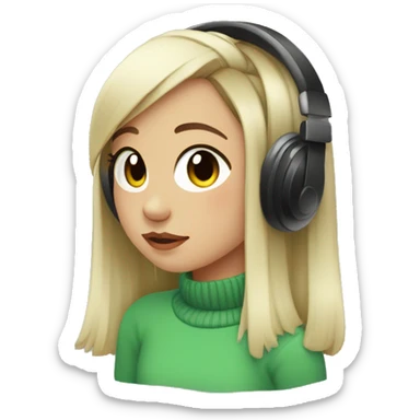 white lofi girl with green long sleeves sweater, black ponytail and red headphones  sticker