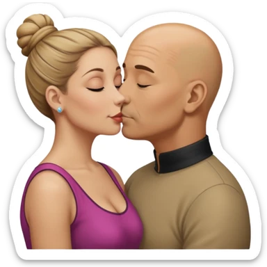 Mid aged Hispanic bald man kissing mid aged dark blonde white woman. She’s wearing a bun. sticker