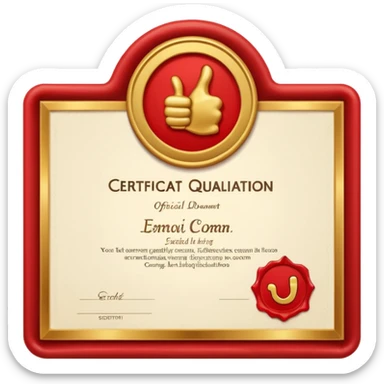 A simple emoji of a certificate document with a seal and a thumbs-up symbol, representing qualification or certification sticker